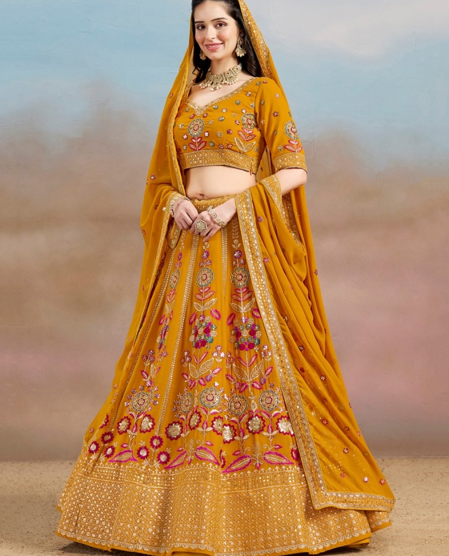 6008- YELLOW - Stunning yellow Thread Work Georgette Engagement Wear Lehenga With Blouse